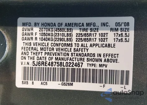 2008 Honda Cr-V Ex-L z USA, uszkodzony, nr VIN 5J6RE48758L022467
